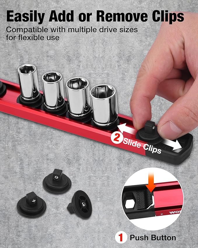 WORKPRO Magnetic Socket Organizer Set, 1/2" 3/8" 1/4" Drive Aluminum Alloy Socket Holder with Removable Socket Clips for Quick Customization, 6PC Socket Rail for Tool Box Drawer (Sockets Excluded)