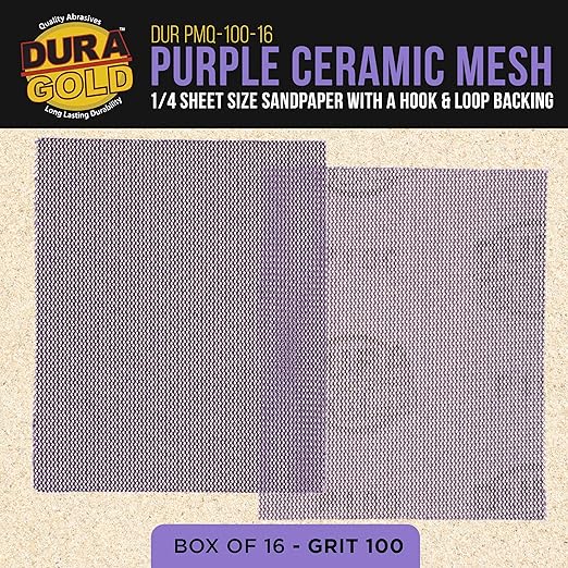 Dura-Gold Premium 100 Grit 1/4 Sheet Size Purple Ceramic Mesh Sandpaper, Box of 16-4.5" x 5.5" Dustless Hook & Loop Backing, Palm Sanders, Sanding Blocks - Long-Lasting Fast Cut - Woodworking, Auto