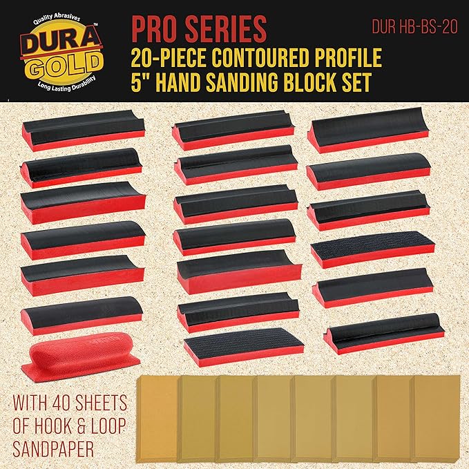 Dura-Gold 20-Piece Contoured Profile 5" Hand Sanding Block Set with 40 Sheet Hook & Loop Sandpaper Kit - Interchangeable Assorted Convex & Concave Shapes - Sand Wood Woodworking Furniture, Auto Paint
