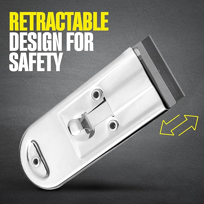 Heavy Duty Retractable Razor Blade Scraper with Stainless Steel Body, Ideal For Removing Stickers, Decals, Paint, Adhesive Residue, and More. Fits All Standard Size Razor Blades
