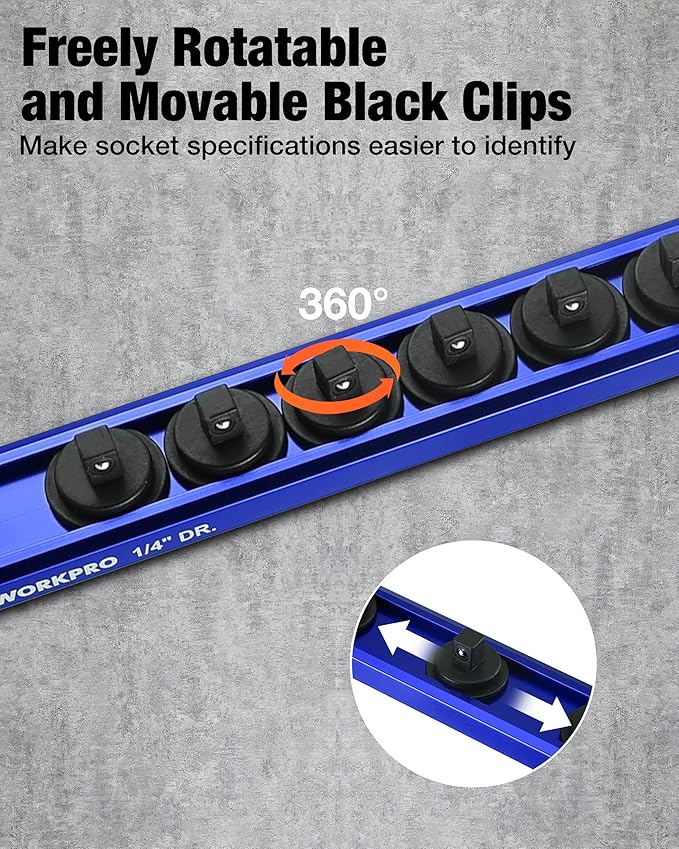 WORKPRO Magnetic Socket Organizer, 1/4" Drive Aluminum Alloy Socket Holder with 12PC Removable Socket Clips for Quick Customization, Socket Rail for Tool Box Drawer (Sockets Not Included)