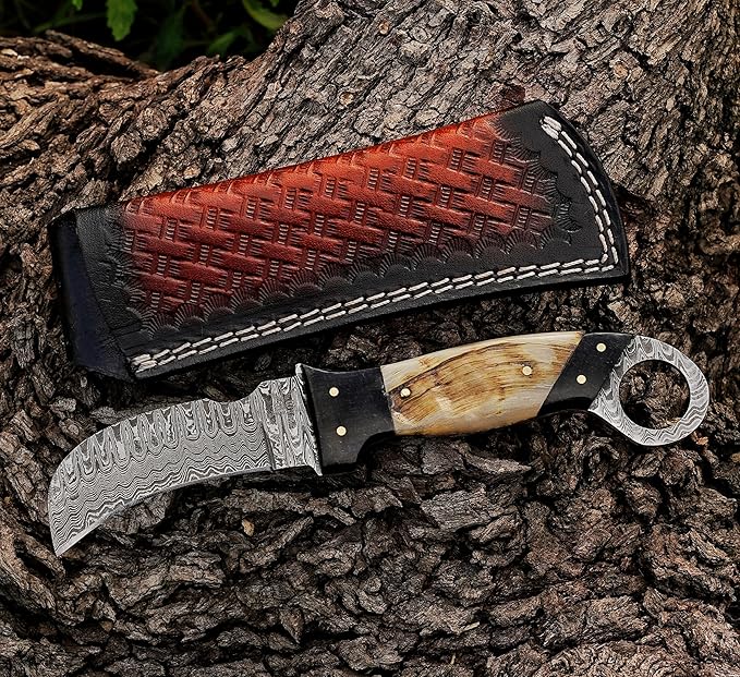 Handmade 1095 Steel Lineman’s Hawkbill knife with Leather sheath, Heavy Duty Utility Knife blade Electrician Wire Skinning knife for professional.(Horn)