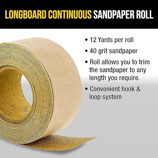 Dura-Gold Premium - 40 Grit Gold - Hook & Loop Backing Longboard Continuous Sandpaper Roll, 2-3/4" Wide, 12 Yards Long - For Automotive & Woodworking Air File Long Board Sanders, Hand Sanding Blocks
