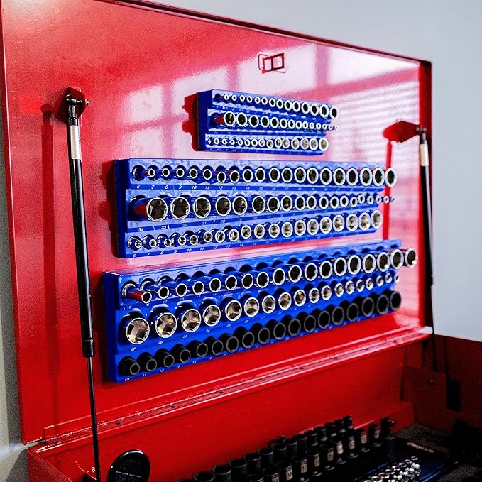 Olsa Tools Magnetic Socket Organizer (3/8-Inch Drive, 3 Row) - Magnetic Tool Organizer & Socket Holder - Tool Box Socket Organizers - Metric Blue - Holds 54 Sockets - Professional Grade - Part: 1556