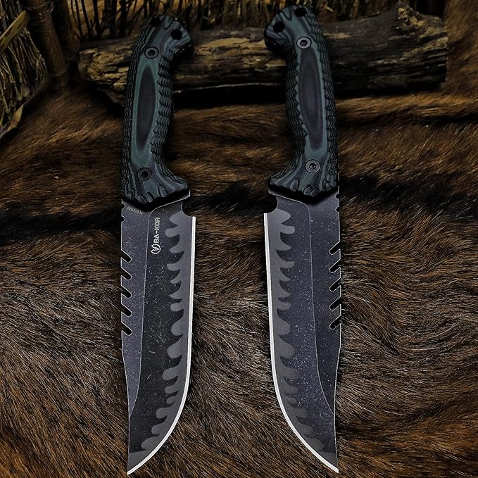 BA-KOR 12.4in Full Tang Fixed Blade Hunting Knife – 6mm 9CR18MoV Steel, G10 Handle, Stonewashed Sawback Blade with Kydex Sheath & Fire Starter for Outdoor, Camping, Survival (Green and black stripes)