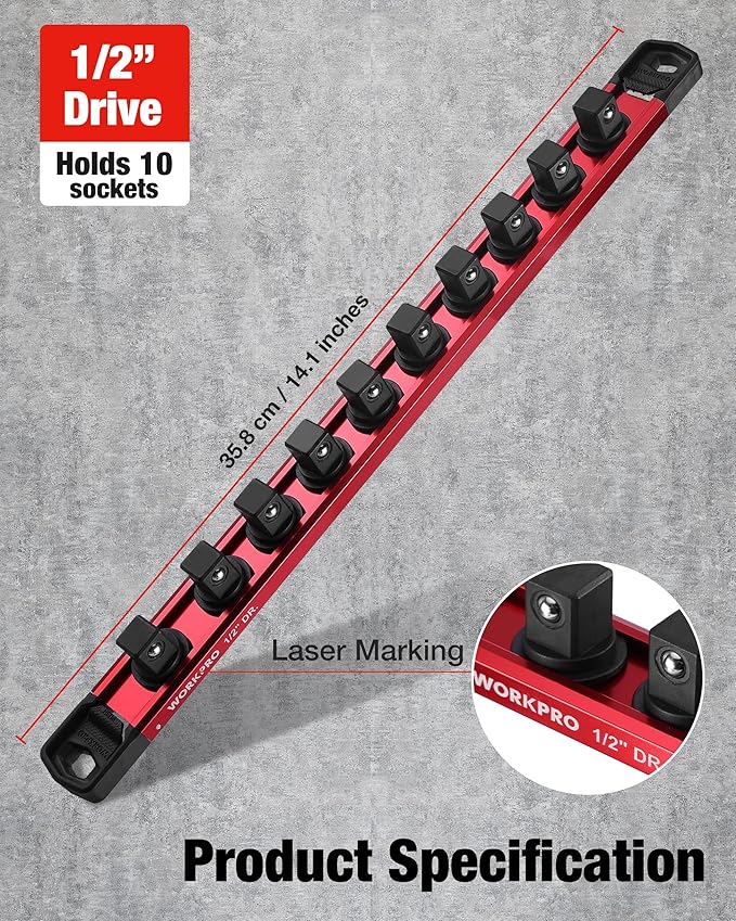 WORKPRO Magnetic Socket Organizer, 1/2" Drive Aluminum Alloy Socket Holder with 10 PC Removable Socket Clips for Quick Customization, Socket Rail for Tool Box Drawer (Sockets Not Included)