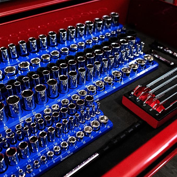 Olsa Tools Magnetic Socket Organizer (3/8-Inch Drive, 3 Row) - Magnetic Tool Organizer & Socket Holder - Tool Box Socket Organizers - Metric Blue - Holds 54 Sockets - Professional Grade - Part: 1556