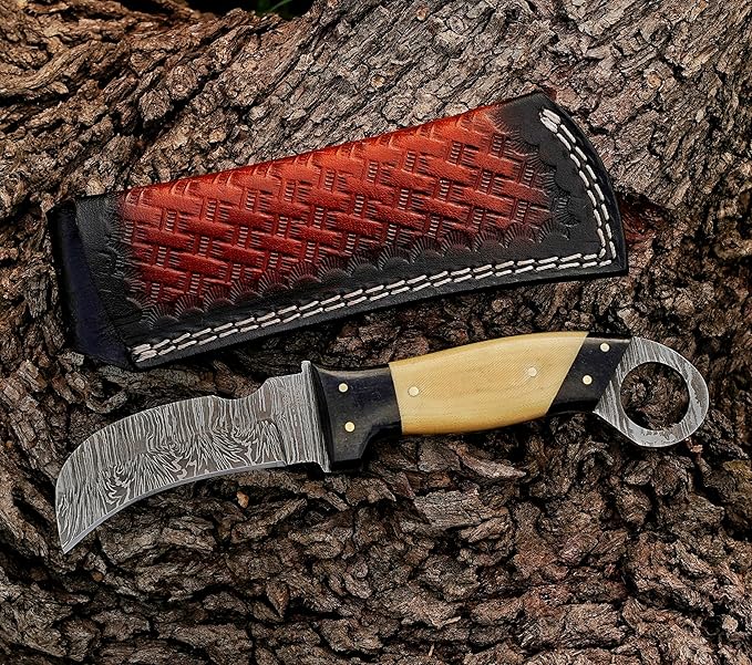 Handmade Damascus Steel Hawkbill Knife with Leather Sheath, Professional Lineman's Utility Blade for Wire Skinning, (G10)