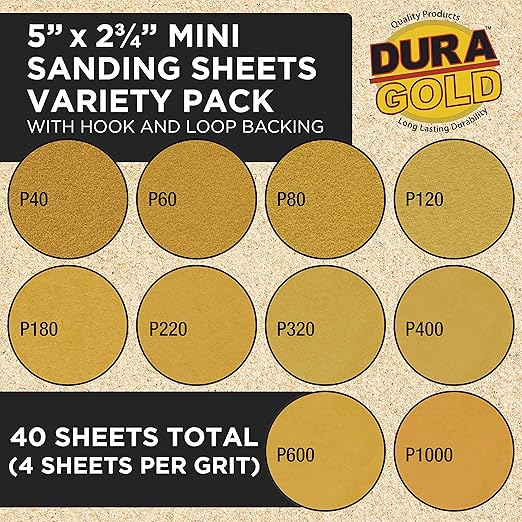 Dura-Gold Premium 40, 60, 80, 120, 180, 220, 320, 400, 600, 1000 Grit 5" x 2.75" Size Gold Sandpaper with Hook & Loop Backing, 4 Each/40 Total -Woodworking, Sanders