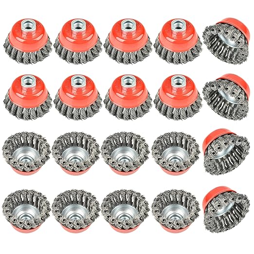 20 Pack Wire Wheel Cup Brush, 3 Inch Twisted Knotted Wheel Brush with 5/8"-11 Threaded Arbor for Angle Grinder, Max RPM 12,500, 0.020in Carbon Steel for Rust Removal, Abrasives