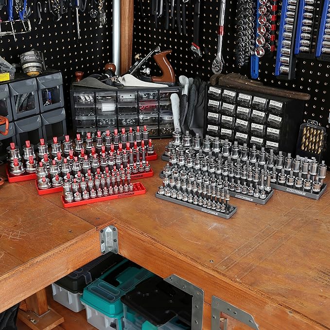 OEMTOOLS 22413 6 Piece SAE and Metric Socket Tray Set, SAE and Metric Socket Storage for Sizes 1/4", 3/8?? and 1/2" Drive, Socket Holders and Socket Organizer Tray for Toolbox, Red/Grey