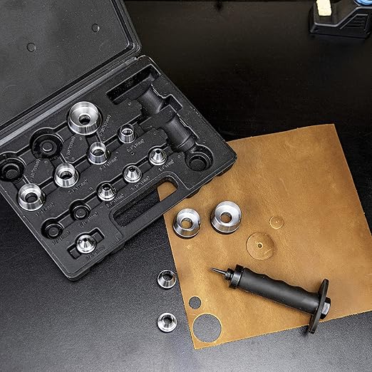 NEIKO 02604A Hole Punch Set | SAE & Metric, 3/16????1-3/8??& 5 ??35mm | 14 Piece Sharp Hollow Hole Punch Kit, Gasket Cutting Puncher, Foam Cutter, & Leather Hole Punches | 6??Interchangeable