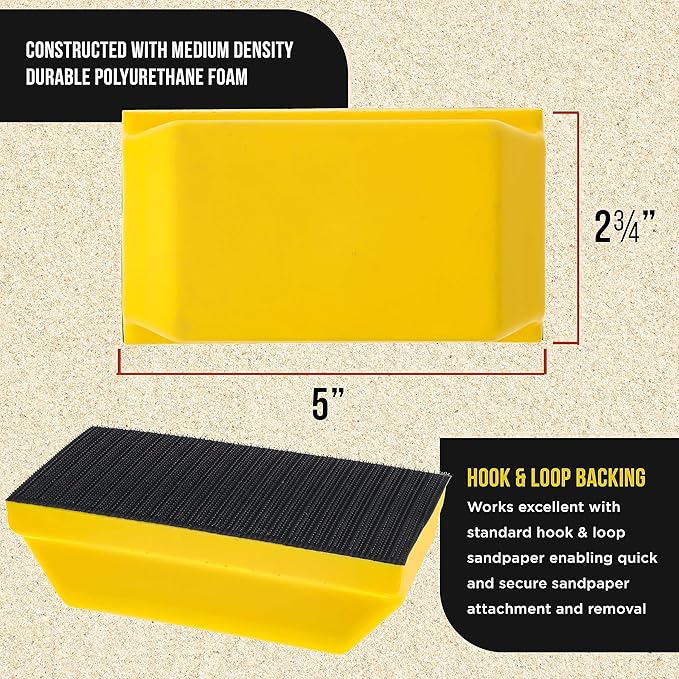 Dura-Gold Pro Series Rectangle 5" x 2-3/4" Hand Sanding Block Pad with Hook & Loop Backing and PSA Sandpaper Conversion Adapter Pad - Automotive Paint Prep Sand Shape Contour Woodworking Furniture