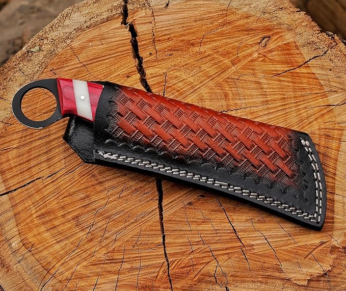 Handmade Steel Lineman’s Hawkbill knife with Leather sheath, Heavy Duty Utility Knife blade Electrician Wire Skinning knife for professional. (Red,White&Blue)