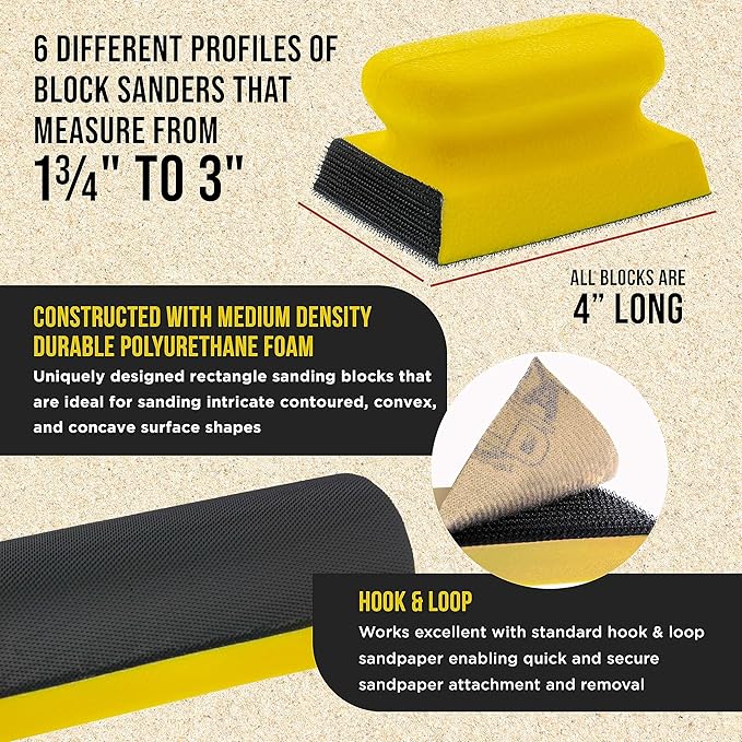 Dura-Gold Luthier Acoustic Guitar Master Woodworker Hand Sanding Block Set with 40 Sheet Hook & Loop Sandpaper Kit - Music Radius Repair Tools, Convex & Concave Profile Shapes, File Sticks - Sand Wood