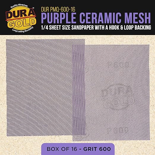 Dura-Gold Premium 600 Grit 1/4 Sheet Size Purple Ceramic Mesh Sandpaper, Box of 16-4.5" x 5.5" Dustless Hook & Loop Backing, Palm Sanders, Sanding Blocks - Long-Lasting Fast Cut - Woodworking, Auto