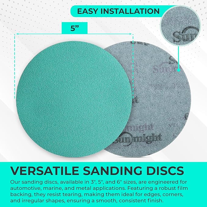 Sunmight Film Grip No Hole 5 Inch Sanding Discs - 320 Grit, Premium Aluminum Oxide - Strong Film Backing for Automotive, Marine, Wood & Metal Applications - Excellent Cutting and Long Life (50 Pcs)