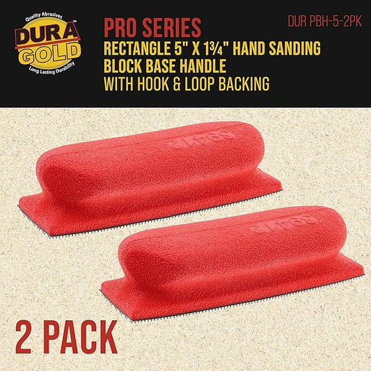 Dura-Gold Pro Series Rectangle 5" x 1-3/4" Hand Sanding Block Base Handle with Hook & Loop Backing, 2 Pack - Attach Pad to Contoured 5" Sanding Blocks Sandpaper - Sand Wood Woodworking Furniture Paint