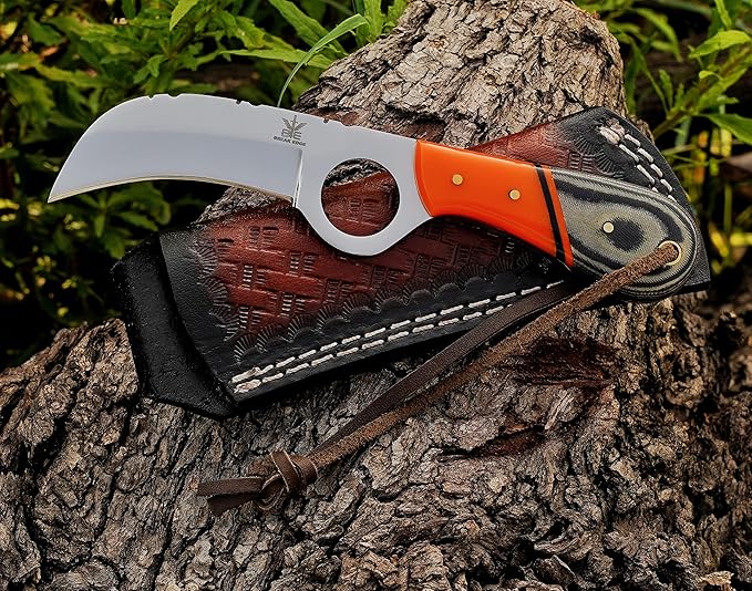 Handmade Stainless Steel Lineman’s Hawkbill knife with Leather sheath, Heavy Duty Utility Knife blade Electrician Wire Skinning knife for professional.
